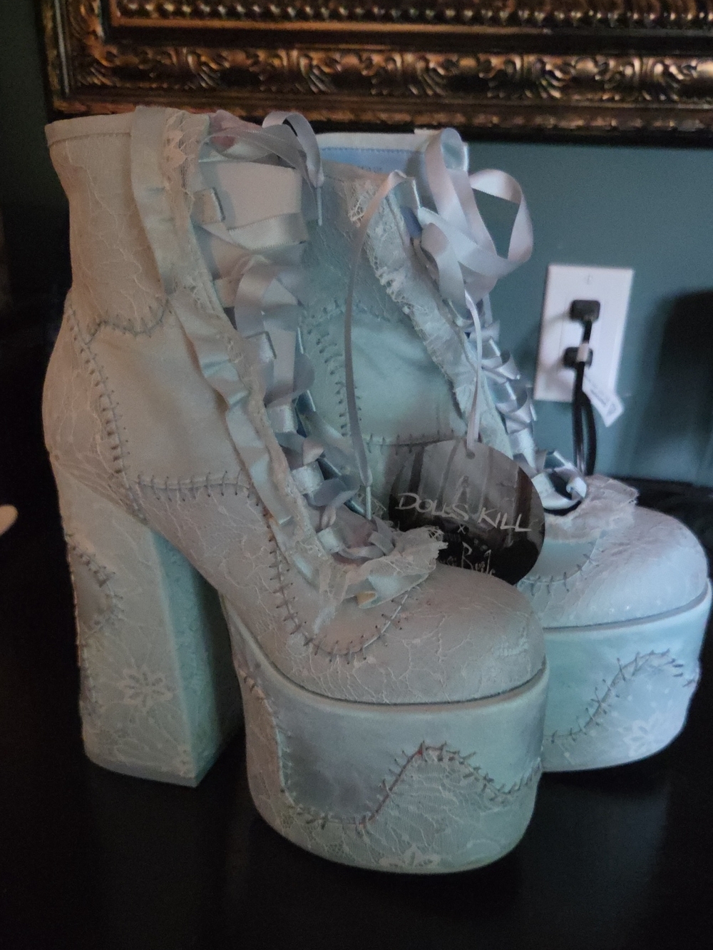 Dolls Kill CORPSE BRIDE Powder Blue Lace-Up Platform Ankle Boots